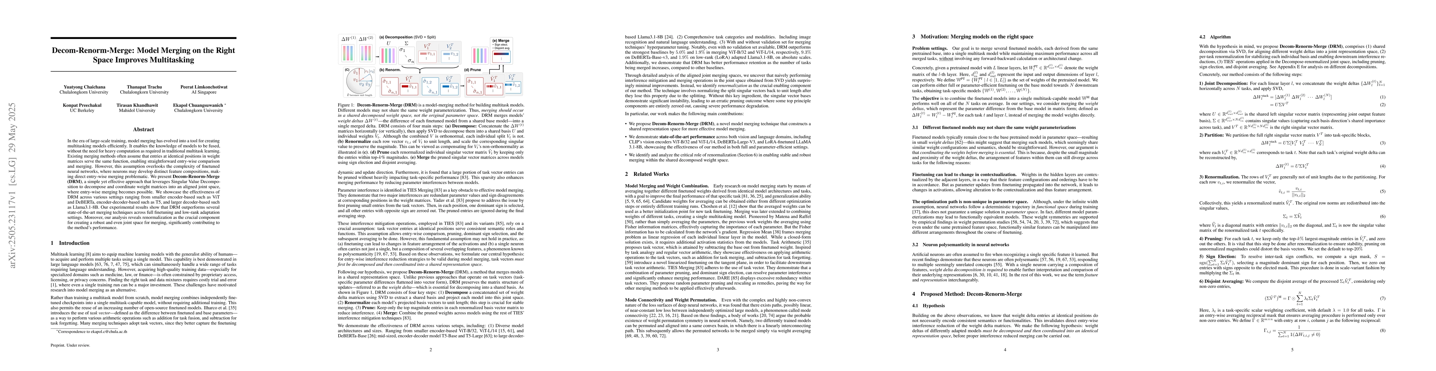 Thumbnail for Decom-Renorm-Merge: Model Merging on the Right Space Improves
  Multitasking