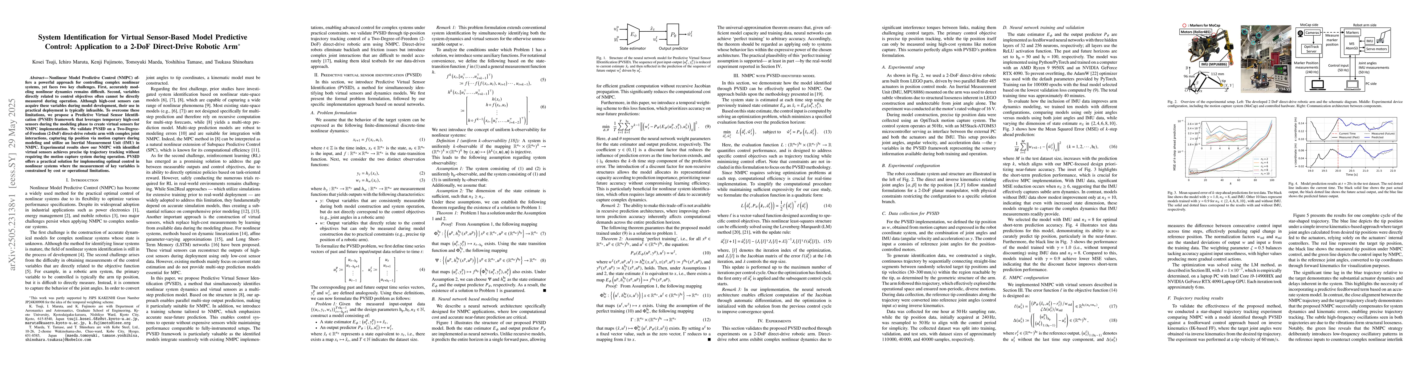 Thumbnail for System Identification for Virtual Sensor-Based Model Predictive Control:
  Application to a 2-DoF Direct-Drive Robotic Arm