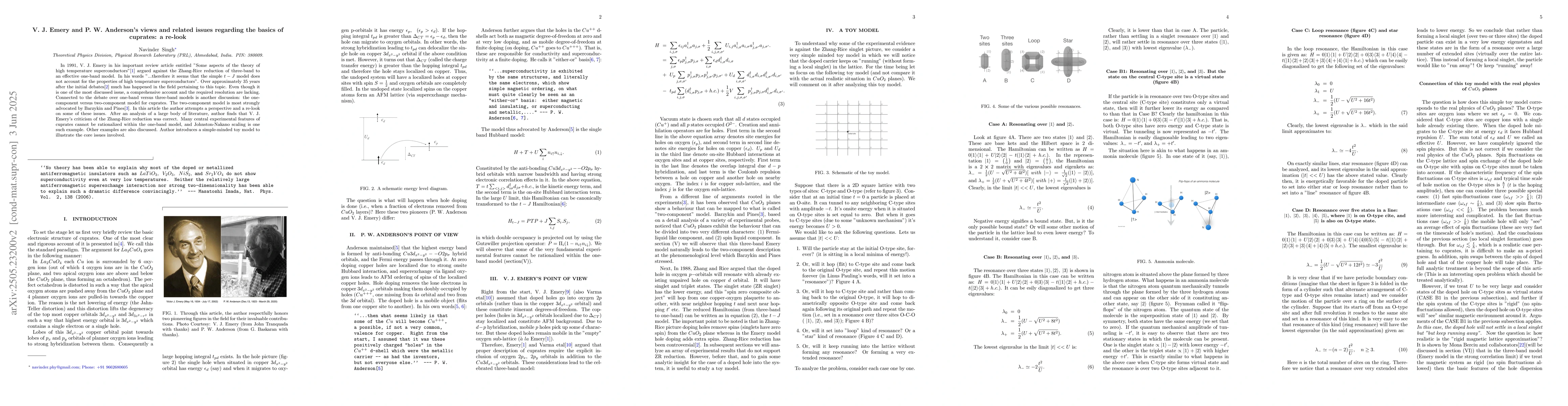 Thumbnail for V. J. Emery and P. W. Anderson's views and related issues regarding the
  basics of cuprates: a re-look