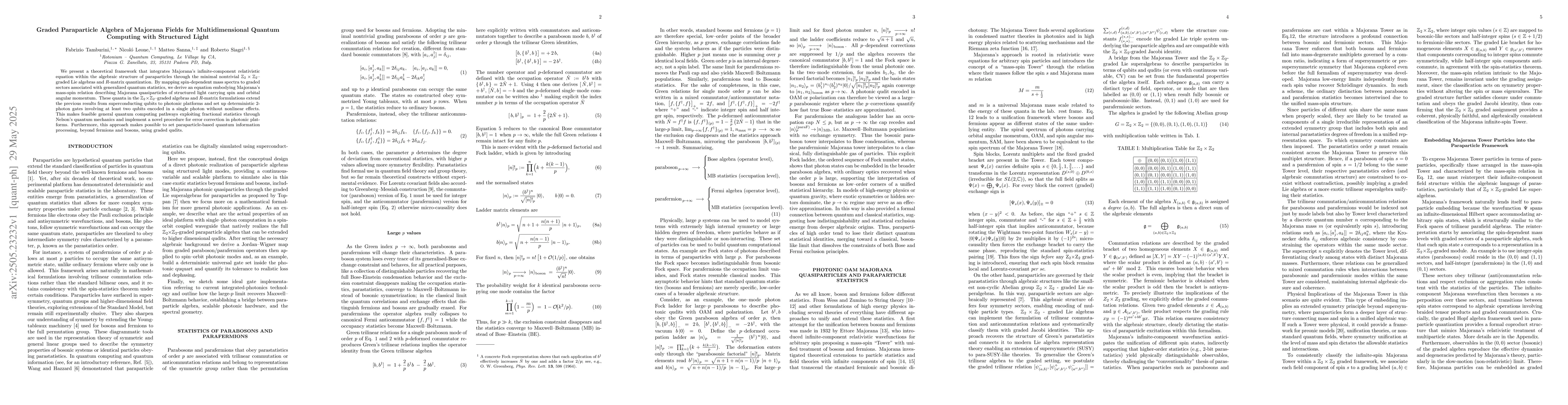 Thumbnail for Graded Paraparticle Algebra of Majorana Fields for Multidimensional
  Quantum Computing with Structured Light