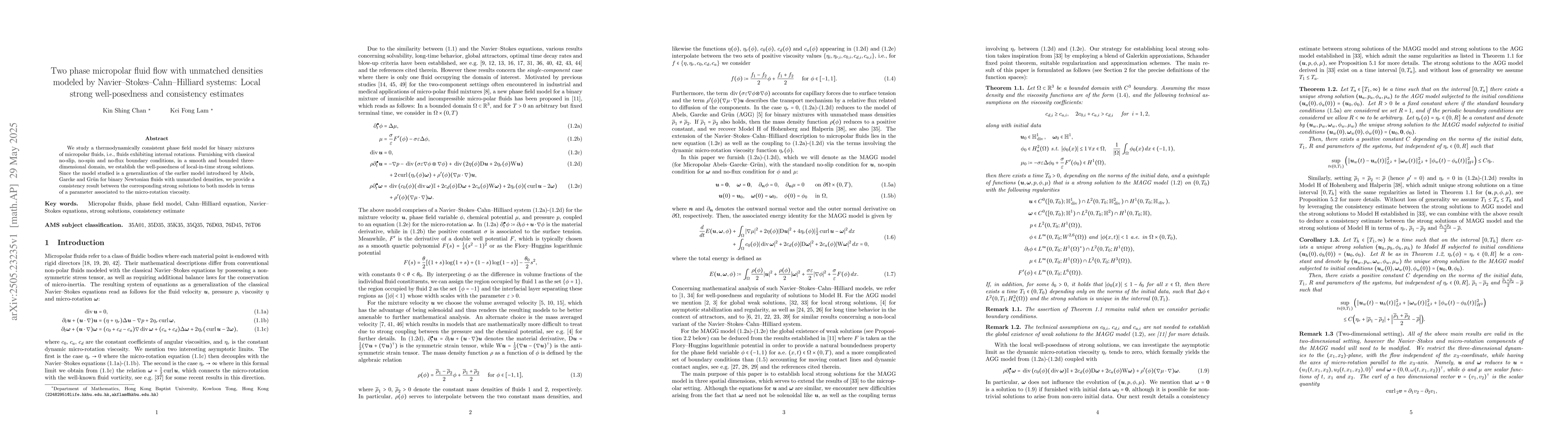 Thumbnail for Two phase micropolar fluid flow with unmatched densities modeled by
  Navier--Stokes--Cahn--Hilliard systems: Local strong well-posedness and
  consistency estimates
