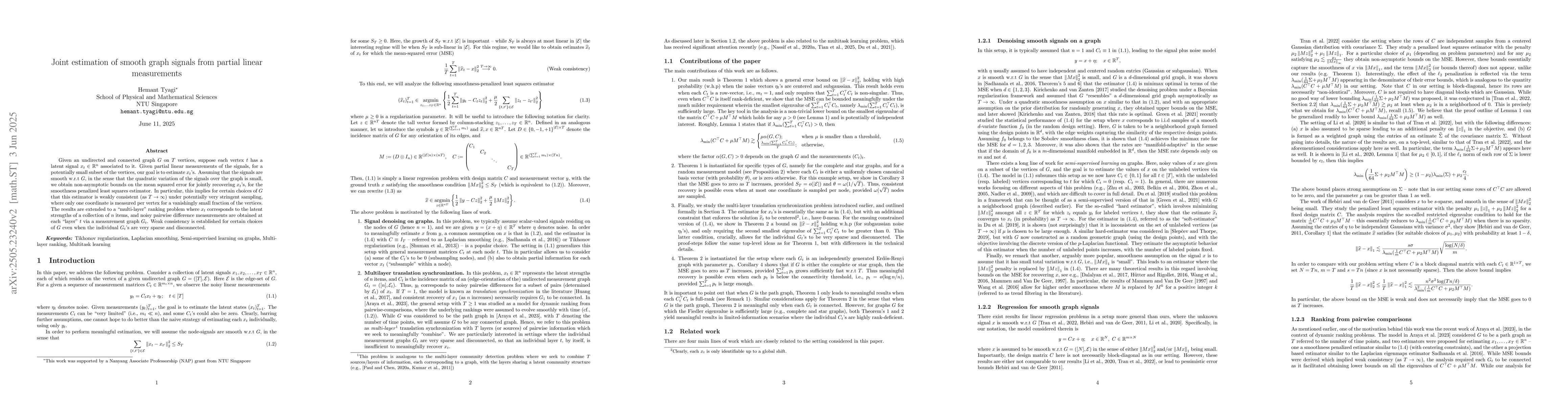 Thumbnail for Joint estimation of smooth graph signals from partial linear
  measurements