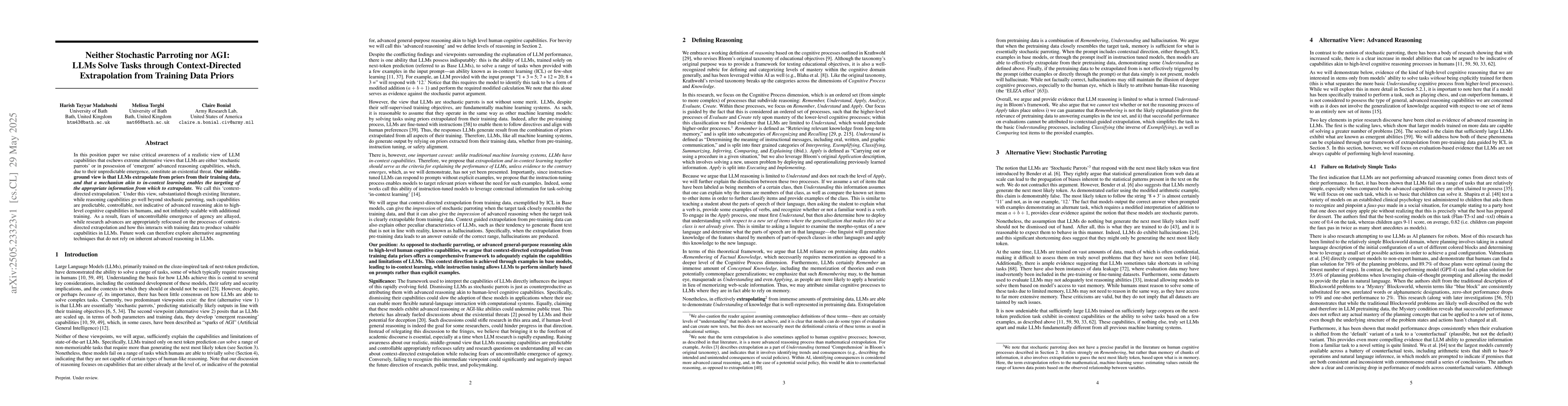 Thumbnail for Neither Stochastic Parroting nor AGI: LLMs Solve Tasks through
  Context-Directed Extrapolation from Training Data Priors