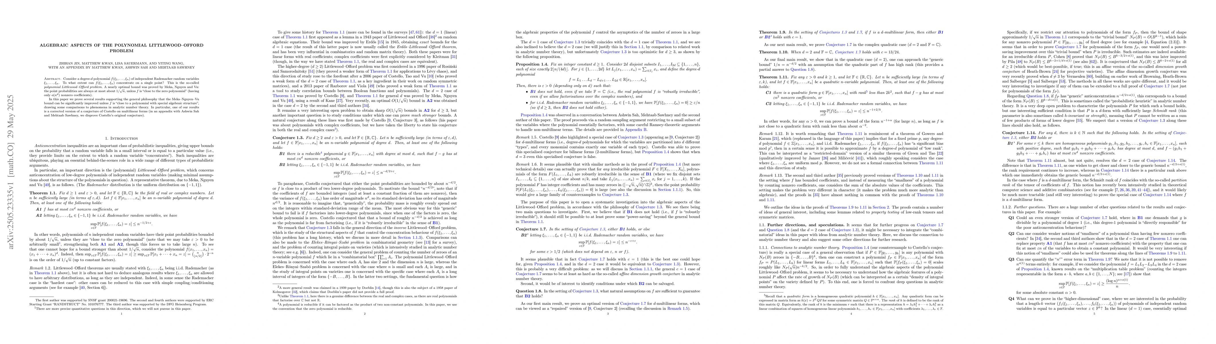 Thumbnail for Algebraic aspects of the polynomial Littlewood-Offord problem