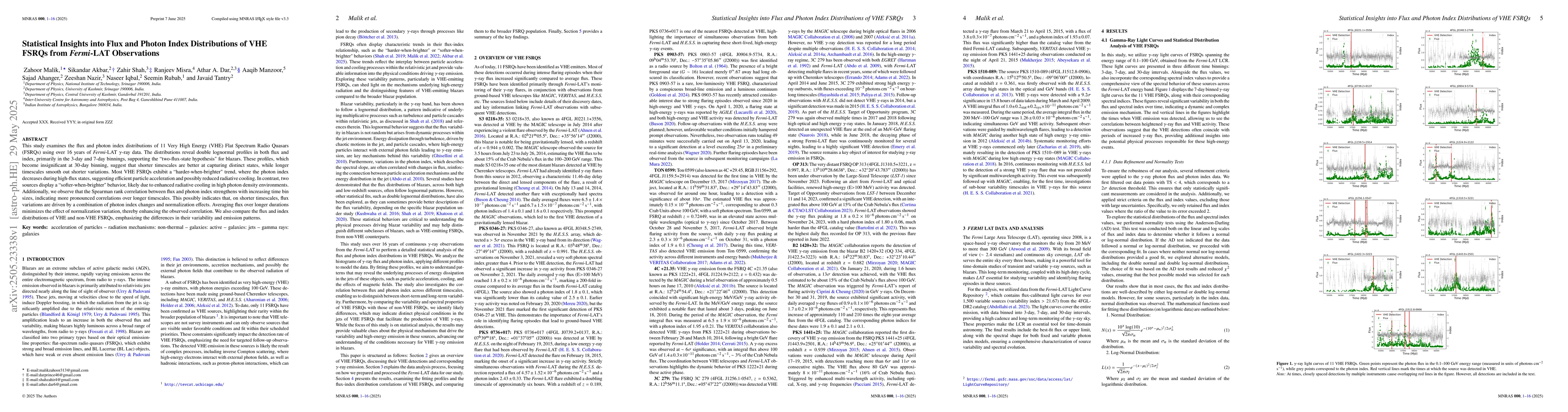 Thumbnail for Statistical Insights into Flux and Photon Index Distributions of VHE
  FSRQs from Fermi-LAT Observations