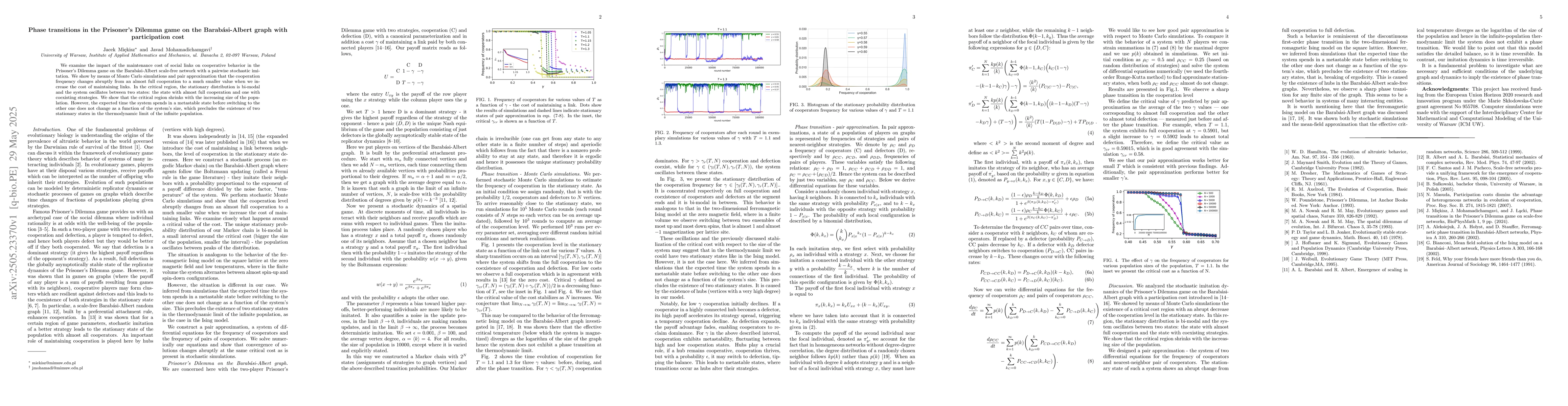 Thumbnail for Phase transitions in the Prisoner's Dilemma game on the
  Barabási-Albert graph with participation cost