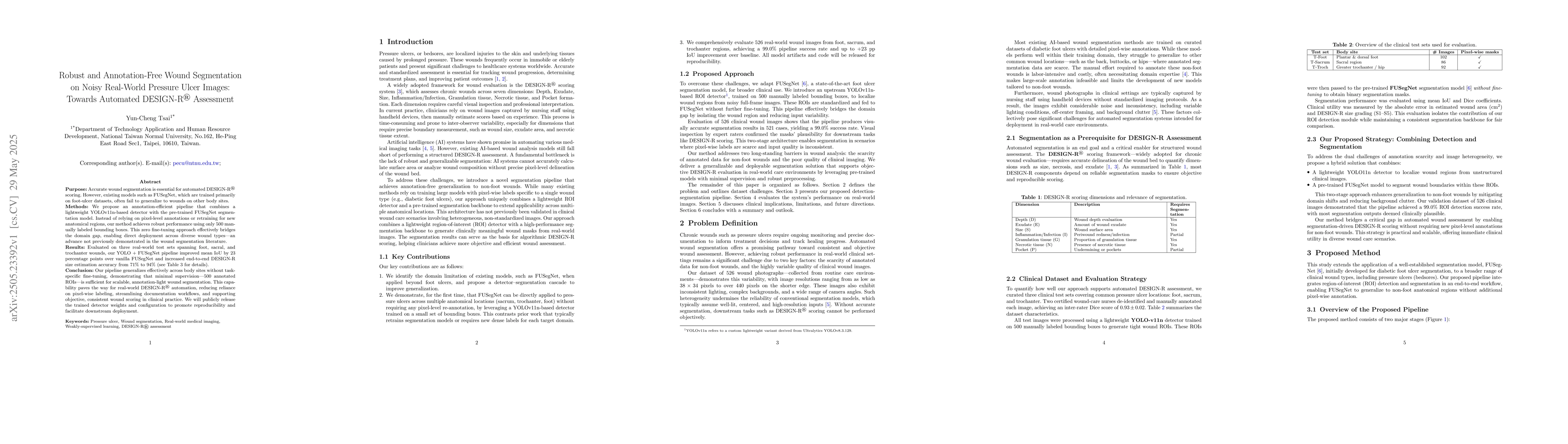 Thumbnail for Robust and Annotation-Free Wound Segmentation on Noisy Real-World
  Pressure Ulcer Images: Towards Automated
  DESIGN-R\textsuperscript{\textregistered} Assessment