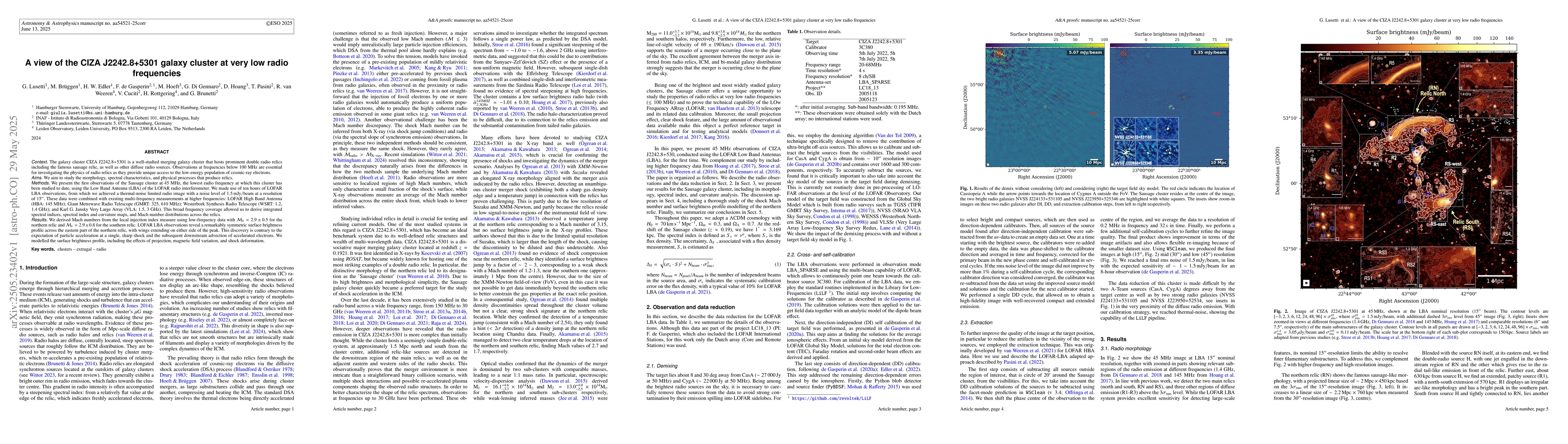 Thumbnail for A view of the CIZA J2242.8+5301 galaxy cluster at very low radio
  frequencies