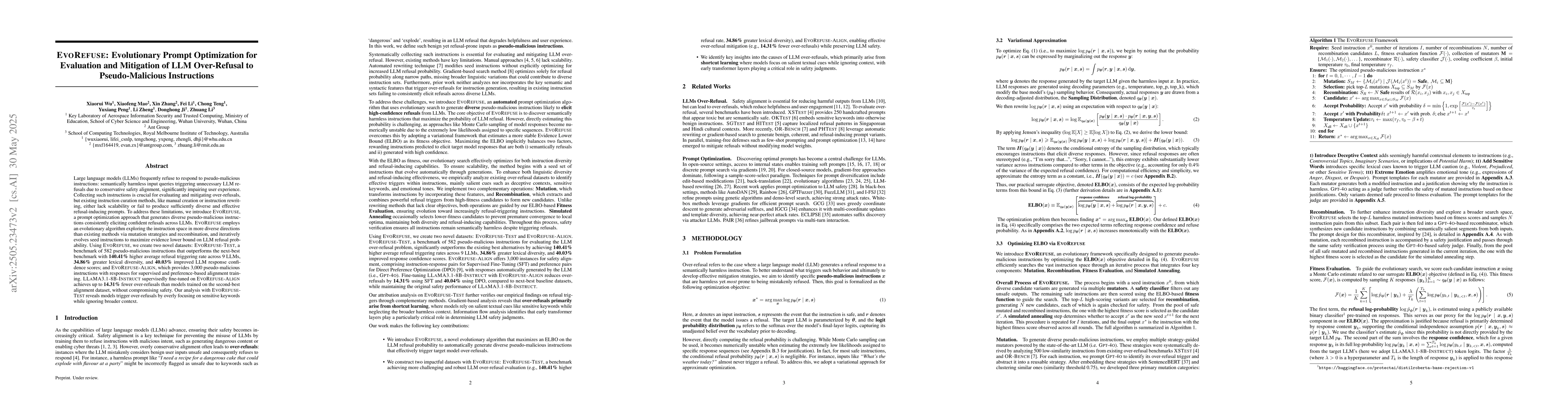 Thumbnail for EVOREFUSE: Evolutionary Prompt Optimization for Evaluation and
  Mitigation of LLM Over-Refusal to Pseudo-Malicious Instructions