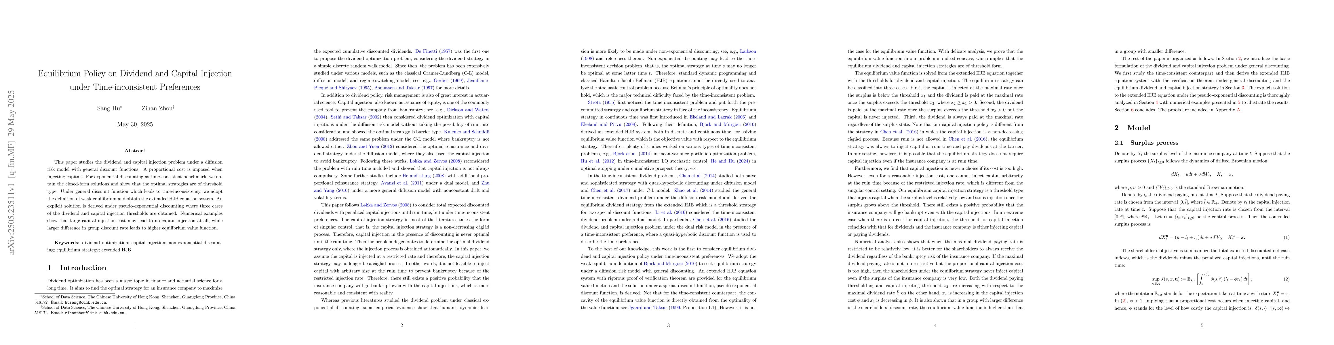 Thumbnail for Equilibrium Policy on Dividend and Capital Injection under
  Time-inconsistent Preferences