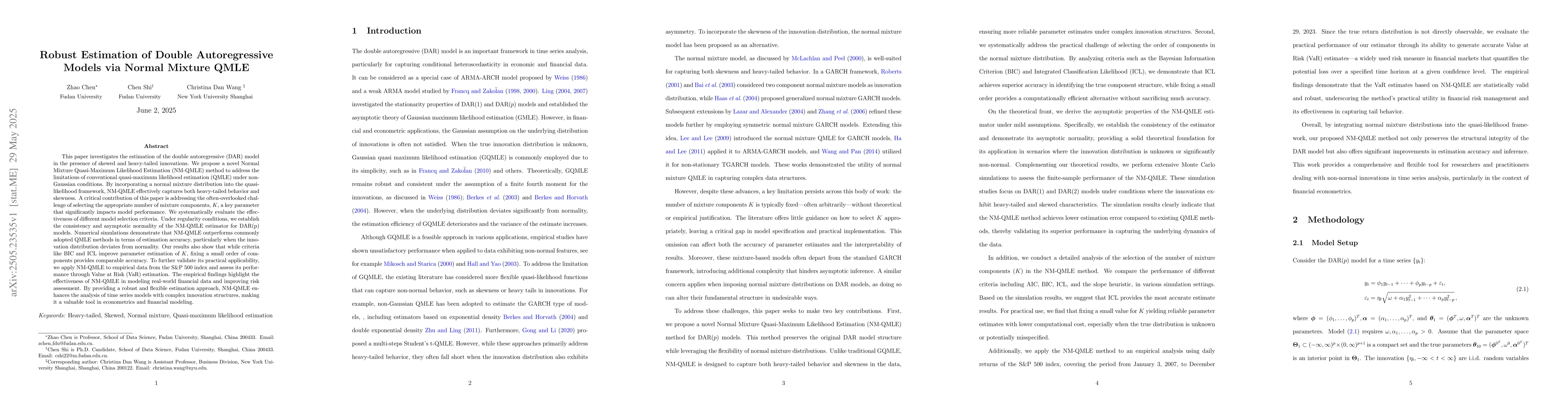 Thumbnail for Robust Estimation of Double Autoregressive Models via Normal Mixture
  QMLE