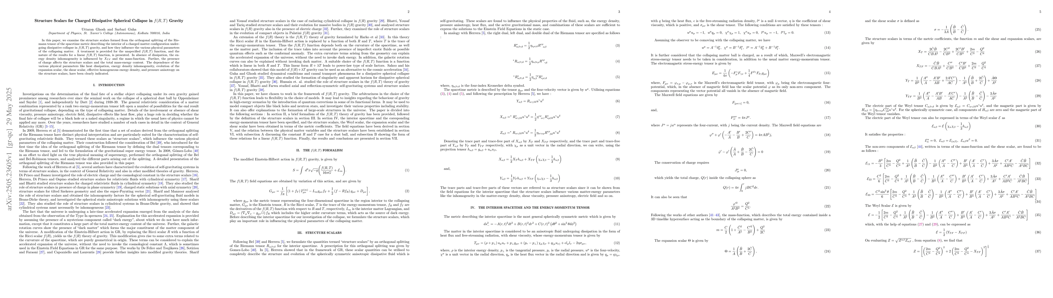 Thumbnail for Structure Scalars for Charged Dissipative Spherical Collapse in $f(R,
  T)$ Gravity