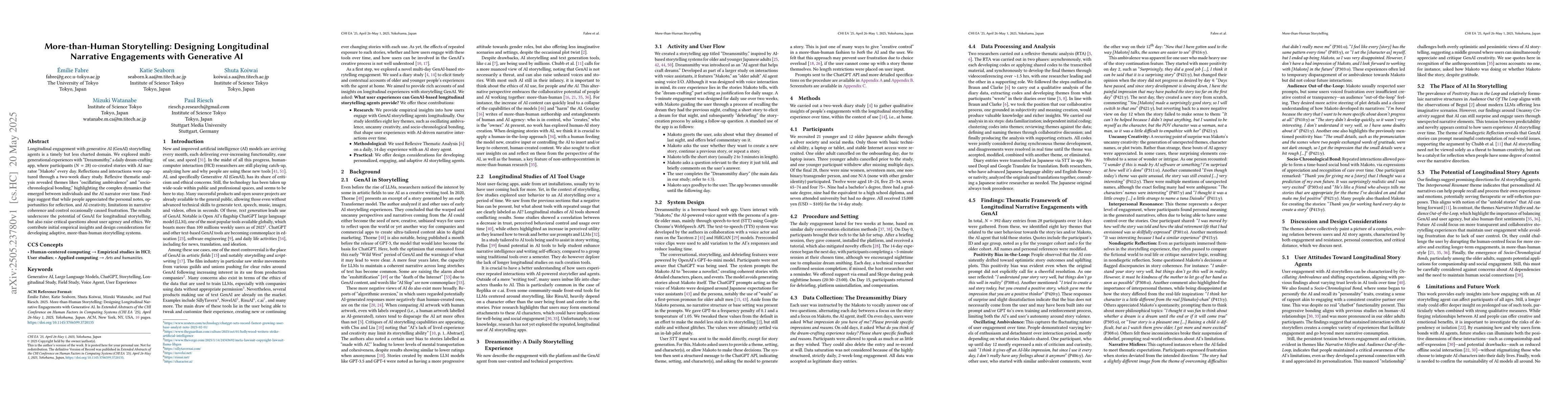 Thumbnail for More-than-Human Storytelling: Designing Longitudinal Narrative
  Engagements with Generative AI