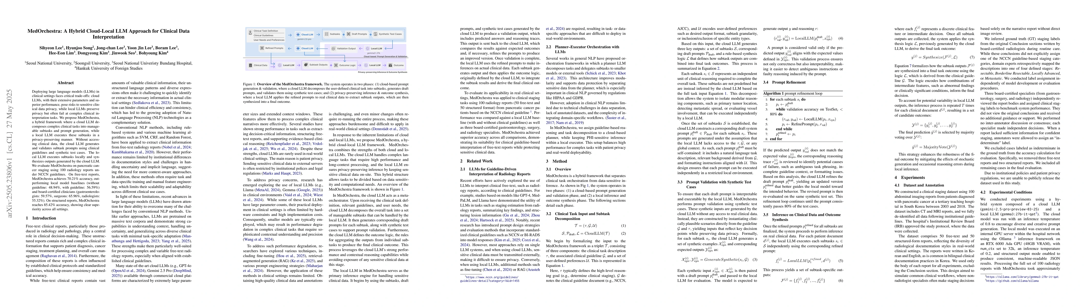 Thumbnail for MedOrchestra: A Hybrid Cloud-Local LLM Approach for Clinical Data
  Interpretation