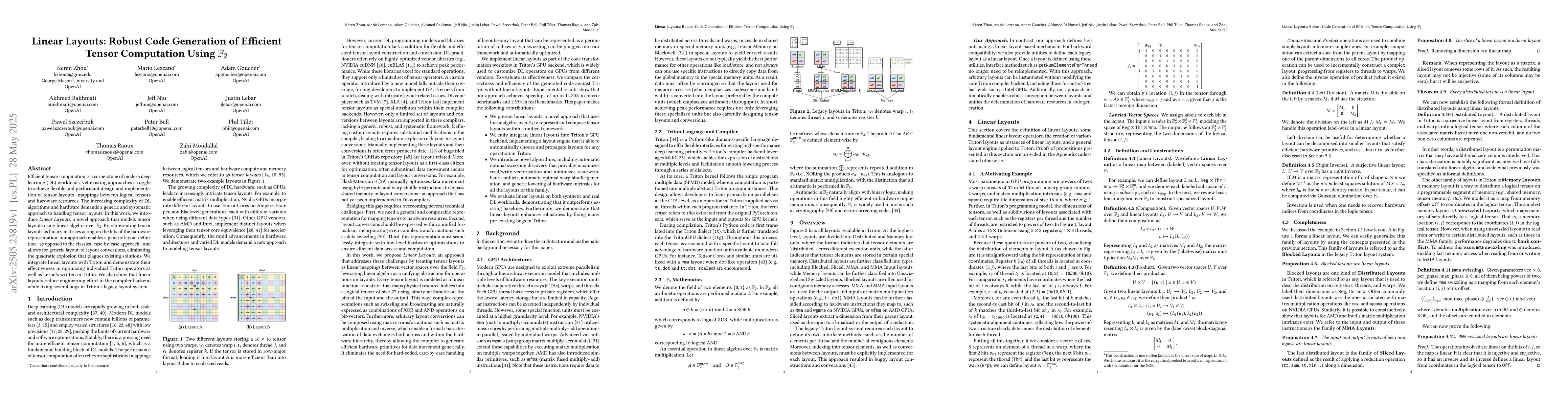 Thumbnail for Linear Layouts: Robust Code Generation of Efficient Tensor Computation
  Using $\mathbb{F}_2$