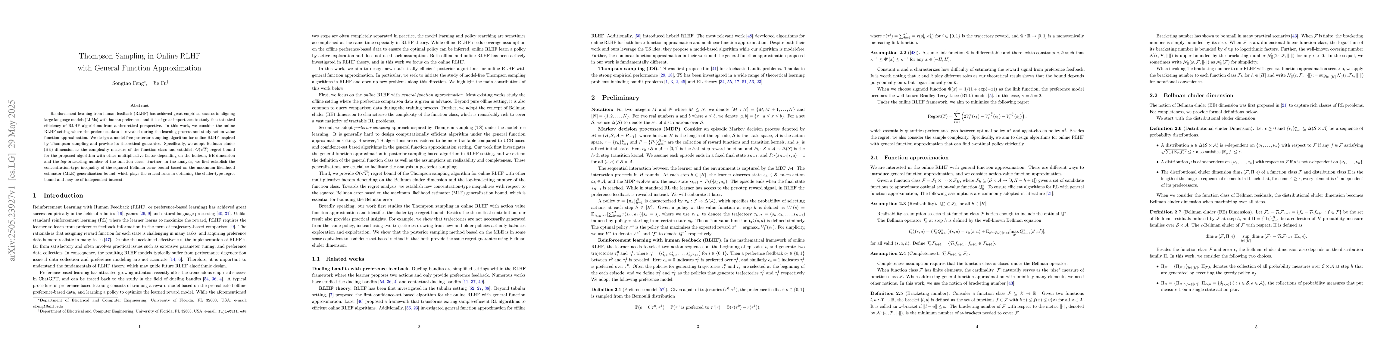 Thumbnail for Thompson Sampling in Online RLHF with General Function Approximation