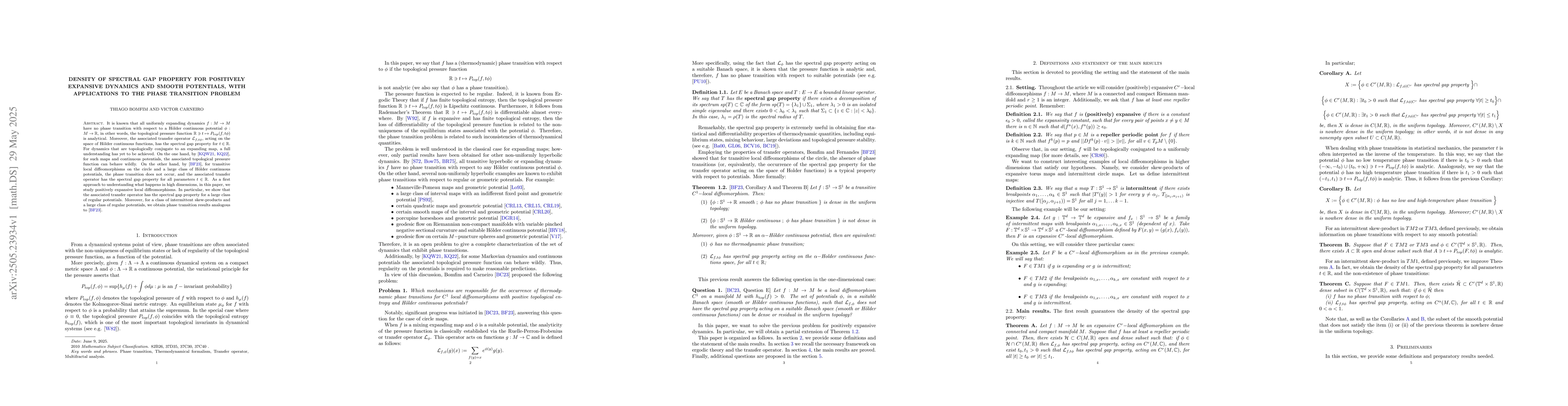 Thumbnail for Density of spectral gap property for positively expansive dynamics and
  smooth potentials, with applications to the phase transition problem