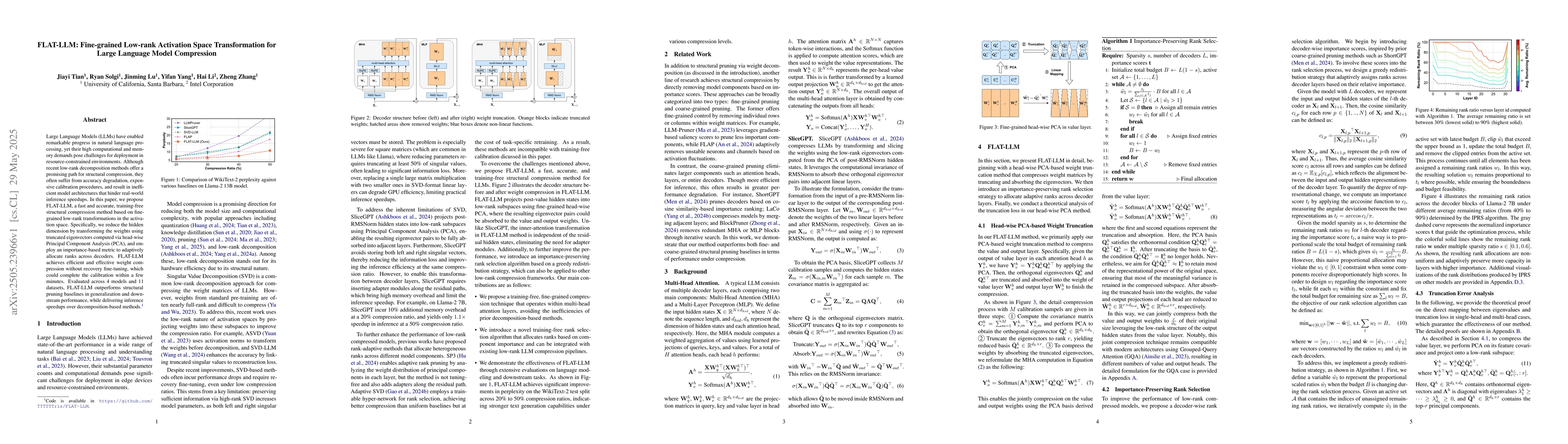 Thumbnail for FLAT-LLM: Fine-grained Low-rank Activation Space Transformation for
  Large Language Model Compression