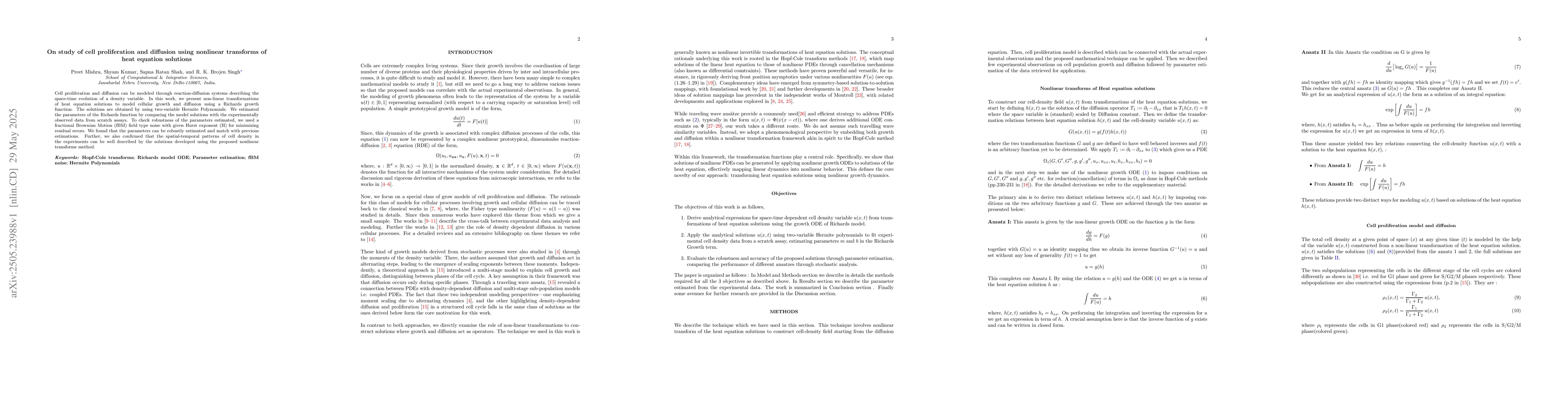 Thumbnail for On study of cell proliferation and diffusion using nonlinear transforms
  of heat equation solutions