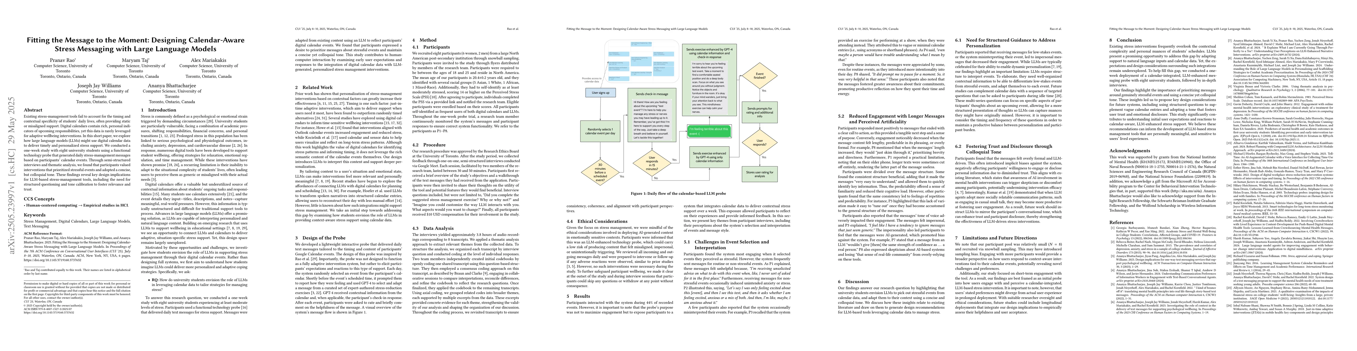 Thumbnail for Fitting the Message to the Moment: Designing Calendar-Aware Stress
  Messaging with Large Language Models