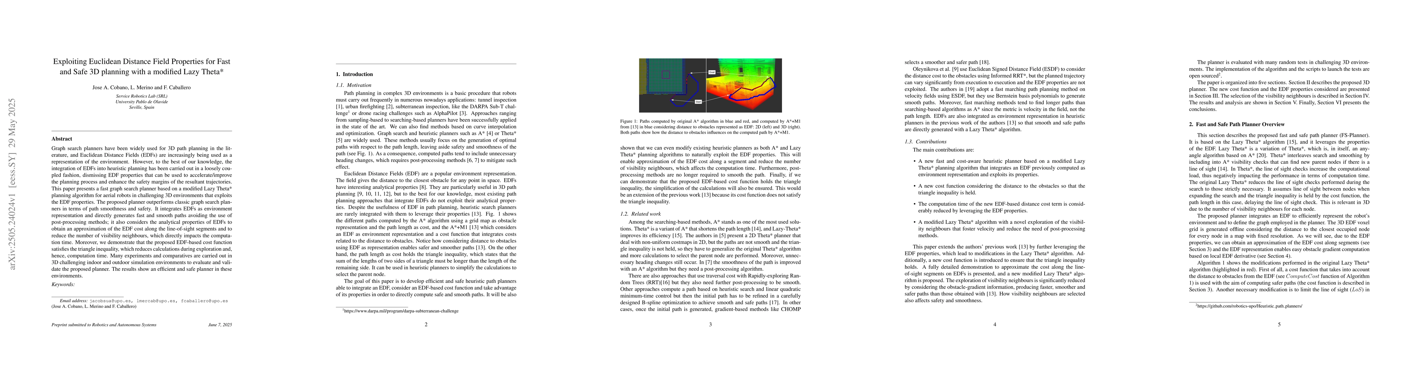 Thumbnail for Exploiting Euclidean Distance Field Properties for Fast and Safe 3D
  planning with a modified Lazy Theta*