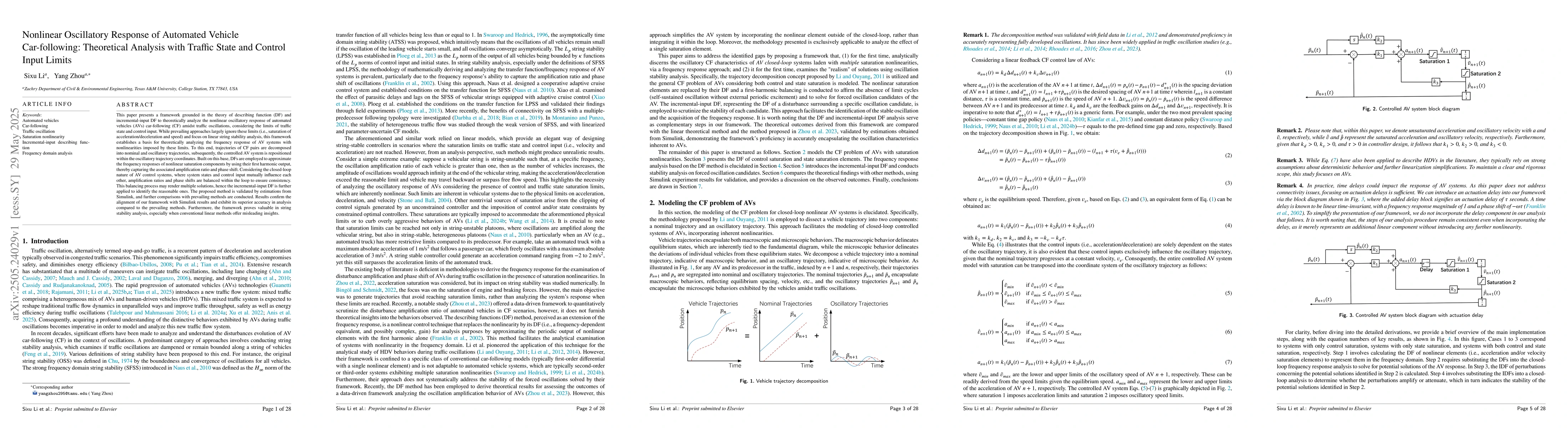 Thumbnail for Nonlinear Oscillatory Response of Automated Vehicle Car-following:
  Theoretical Analysis with Traffic State and Control Input Limits