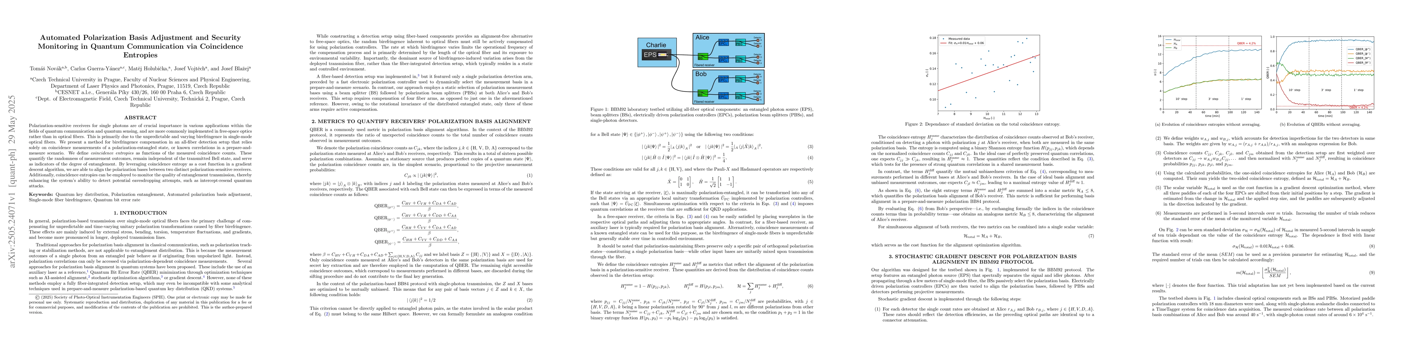 Thumbnail for Automated Polarization Basis Adjustment and Security Monitoring in
  Quantum Communication via Coincidence Entropies