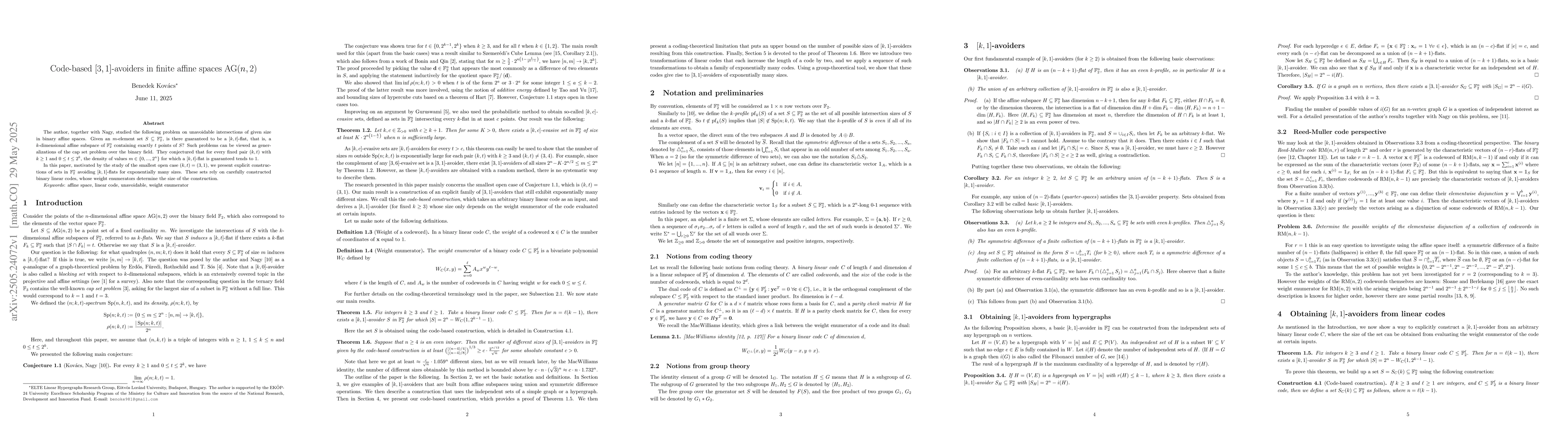 Thumbnail for Code-based $[3,1]$-avoiders in finite affine spaces $\mathrm{AG}(n,2)$