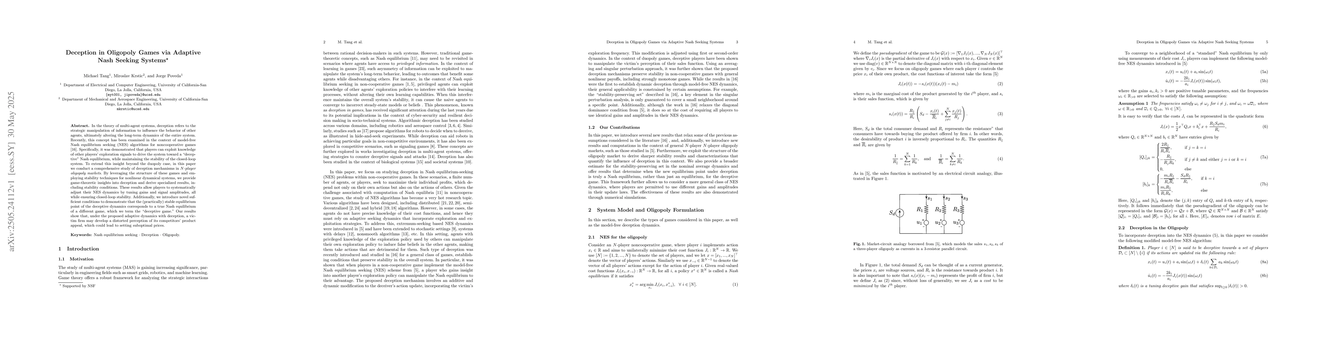 Thumbnail for Deception in Oligopoly Games via Adaptive Nash Seeking Systems