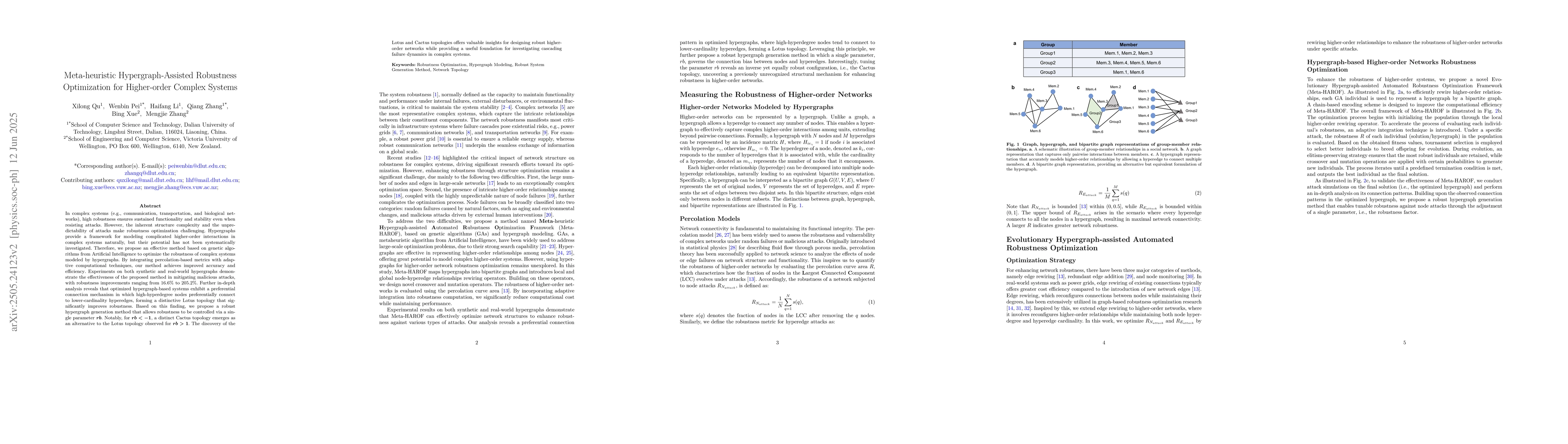 Thumbnail for Meta-heuristic Hypergraph-Assisted Robustness Optimization for
  Higher-order Complex Systems