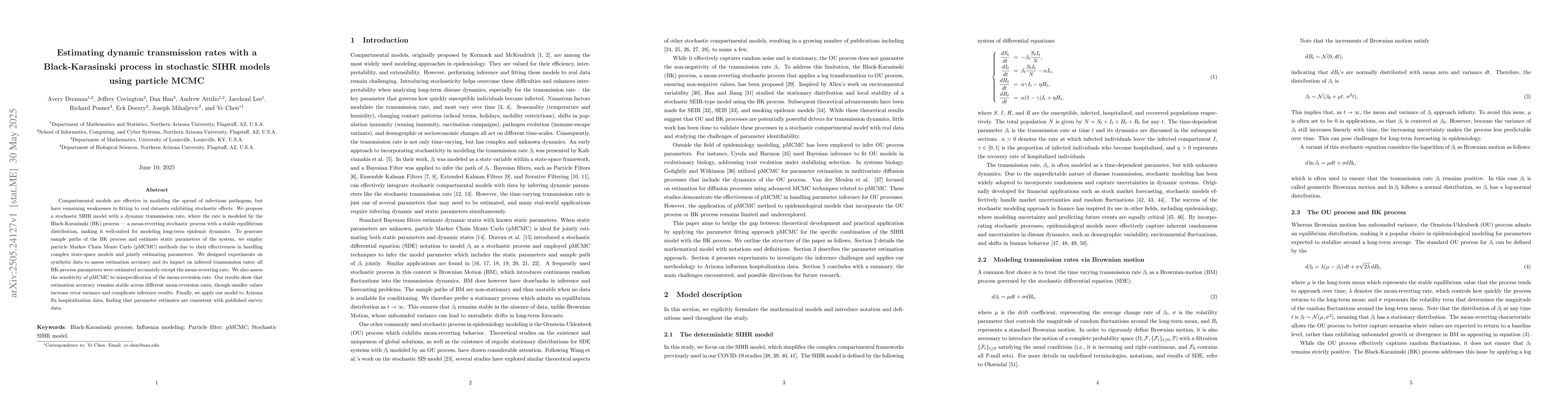Thumbnail for Estimating dynamic transmission rates with a Black-Karasinski process in
  stochastic SIHR models using particle MCMC