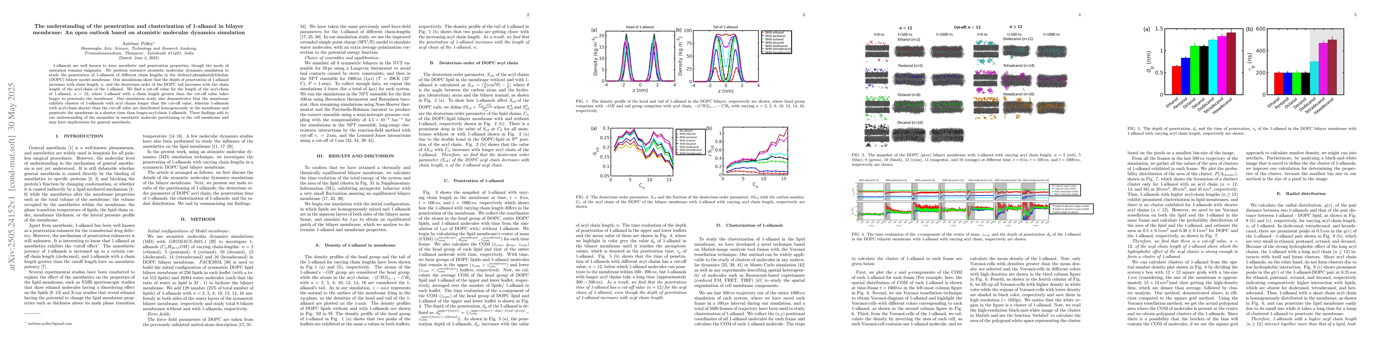Thumbnail for The understanding of the penetration and clusterization of 1-alkanol in
  bilayer membrane: An open outlook based on atomistic molecular dynamics
  simulation
