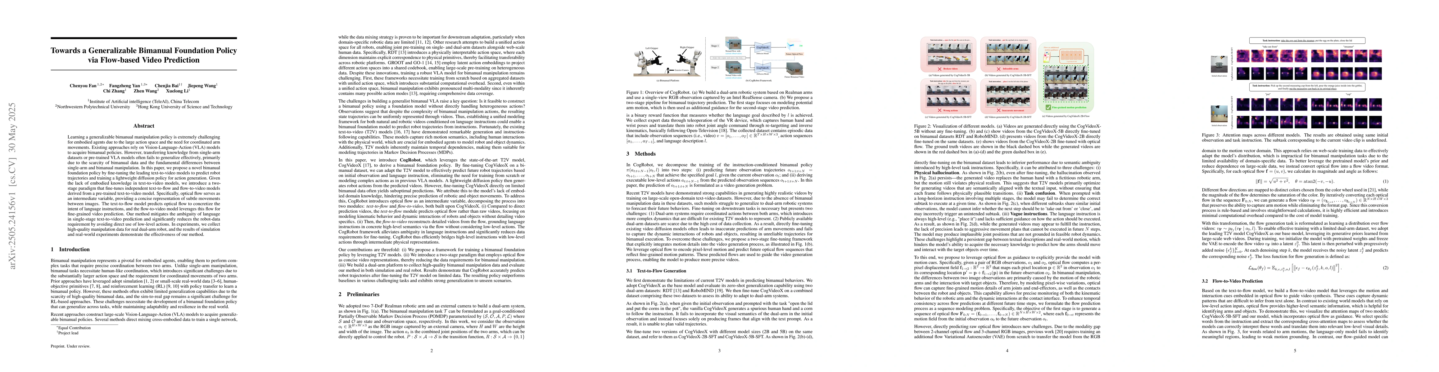 Thumbnail for Towards a Generalizable Bimanual Foundation Policy via Flow-based Video
  Prediction