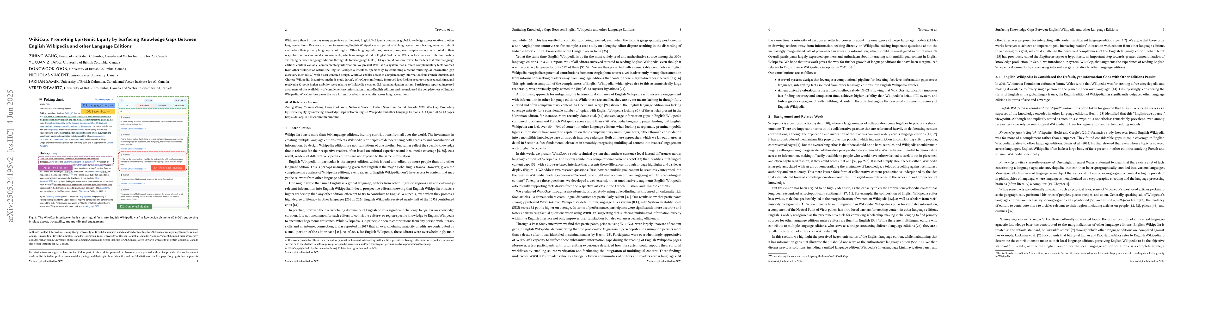 Thumbnail for WikiGap: Promoting Epistemic Equity by Surfacing Knowledge Gaps Between
  English Wikipedia and other Language Editions