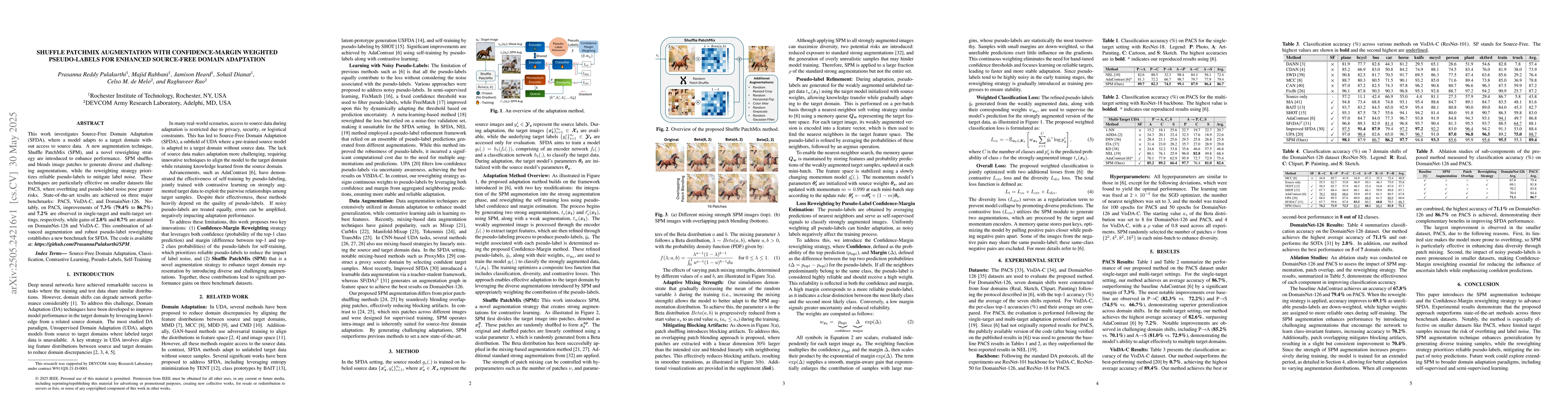 Thumbnail for Shuffle PatchMix Augmentation with Confidence-Margin Weighted
  Pseudo-Labels for Enhanced Source-Free Domain Adaptation