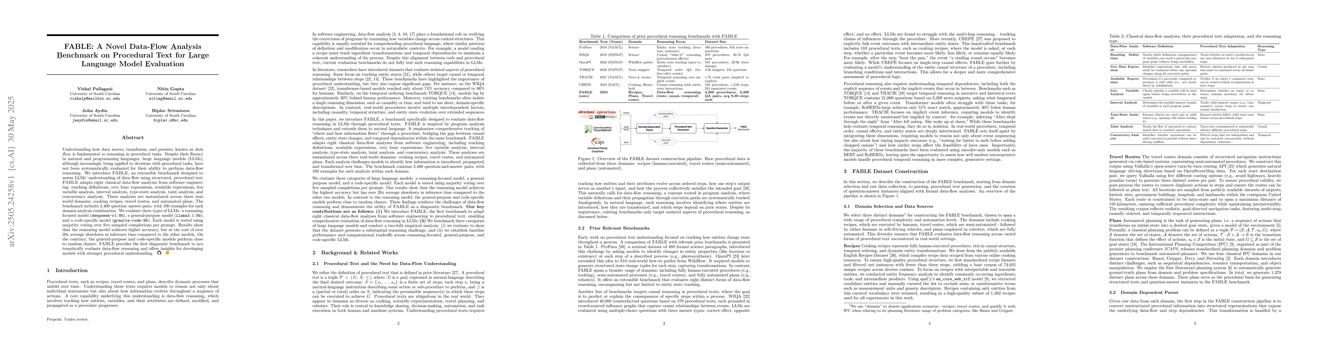 Thumbnail for FABLE: A Novel Data-Flow Analysis Benchmark on Procedural Text for Large
  Language Model Evaluation