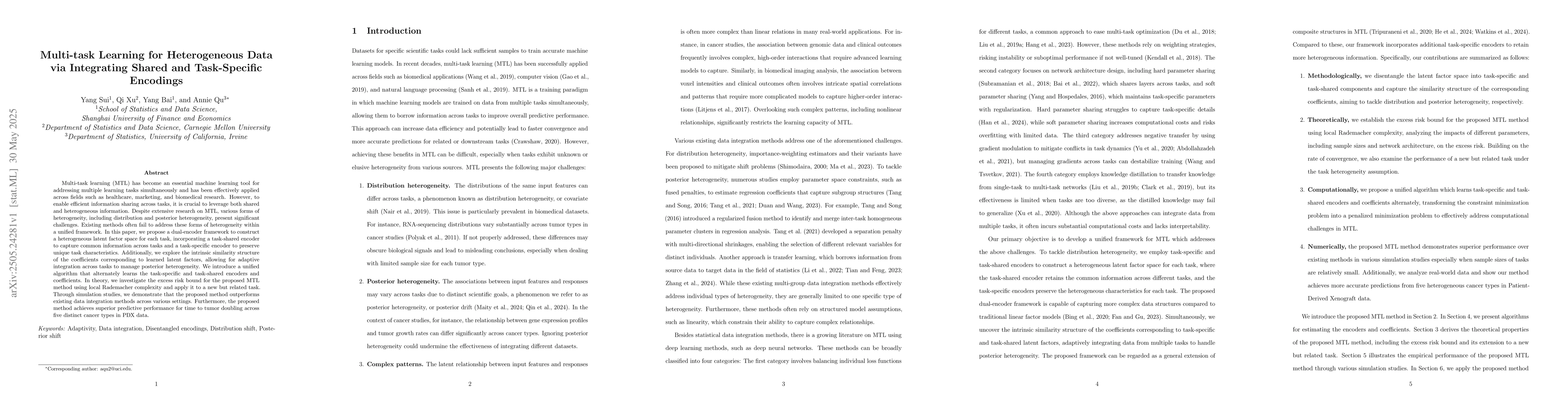Thumbnail for Multi-task Learning for Heterogeneous Data via Integrating Shared and
  Task-Specific Encodings