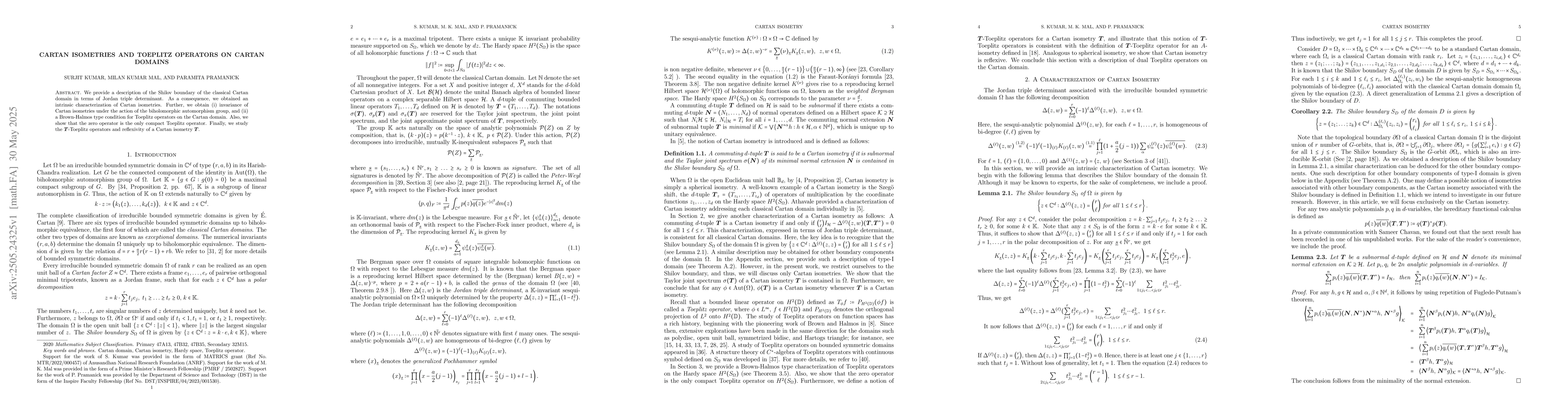 Thumbnail for Cartan Isometries and Toeplitz Operators on Cartan domains