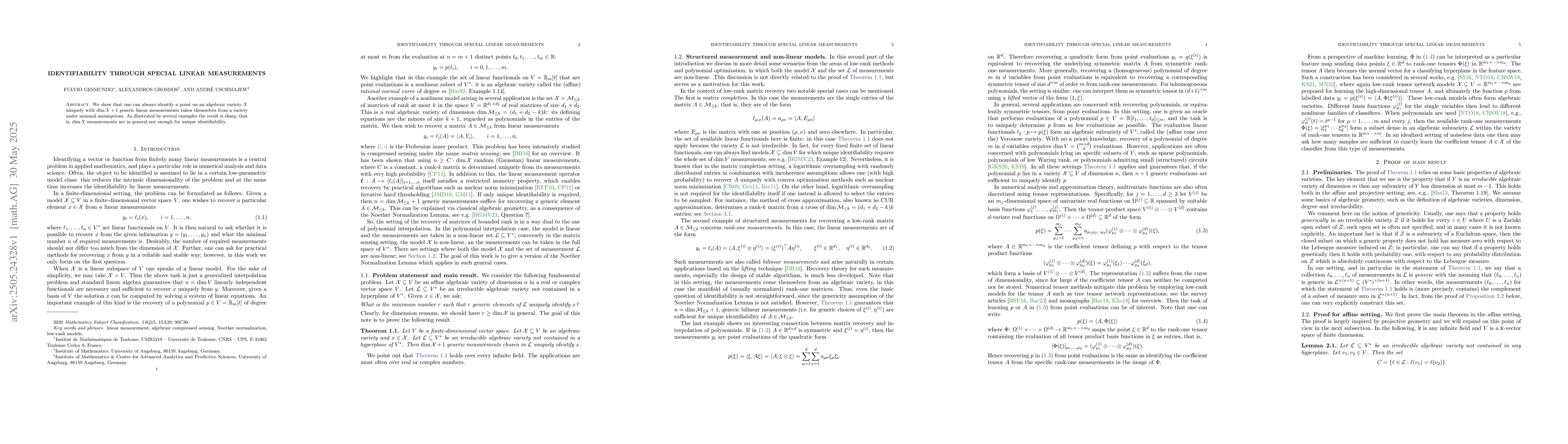 Thumbnail for Identifiability through special linear measurements