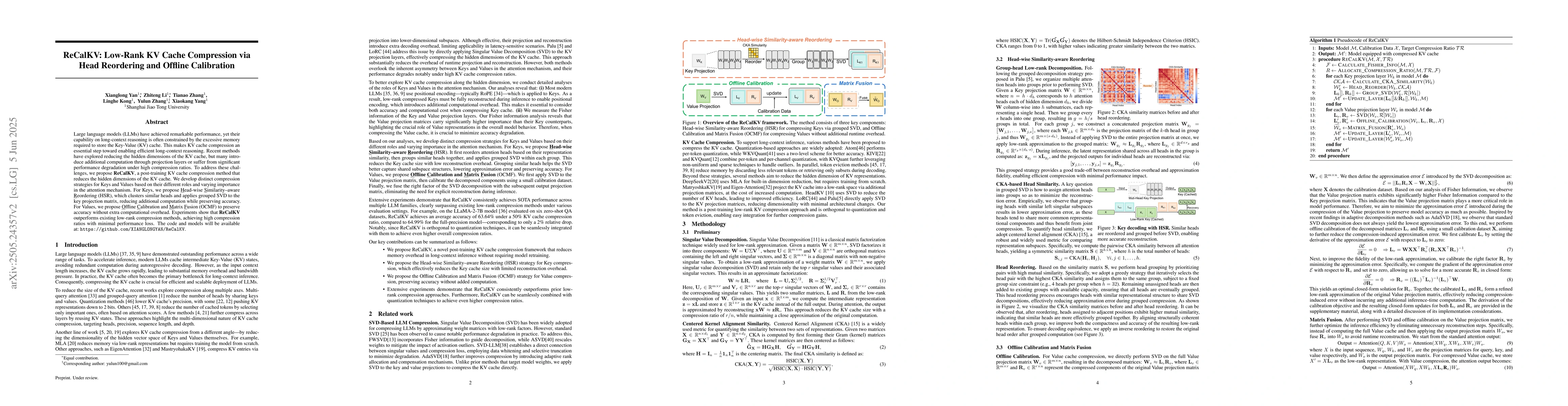 Thumbnail for ReCalKV: Low-Rank KV Cache Compression via Head Reordering and Offline
  Calibration