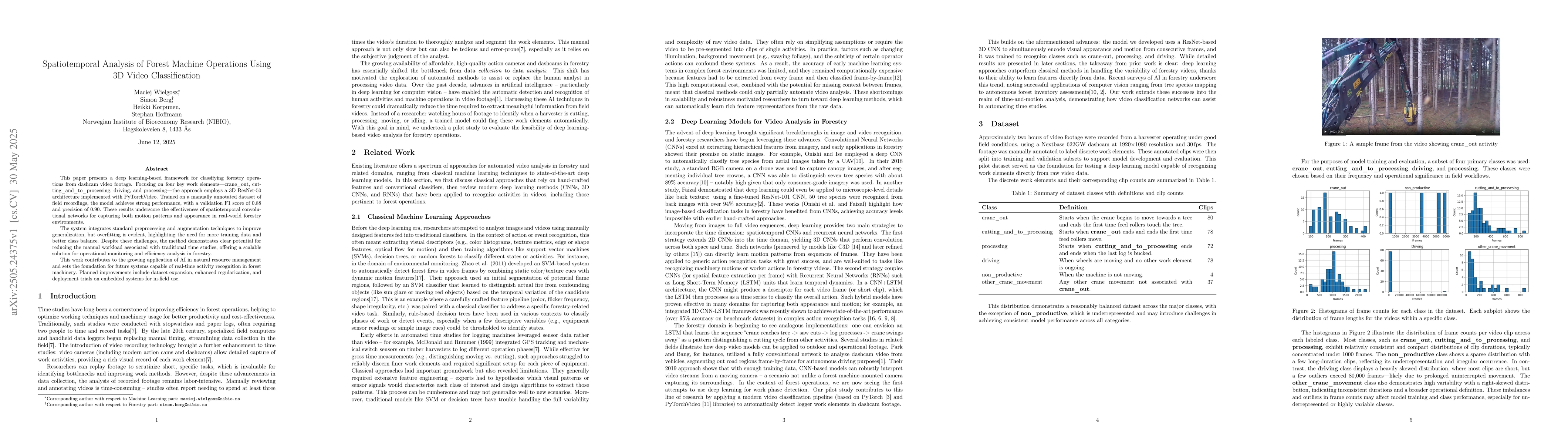 Thumbnail for Spatiotemporal Analysis of Forest Machine Operations Using 3D Video
  Classification
