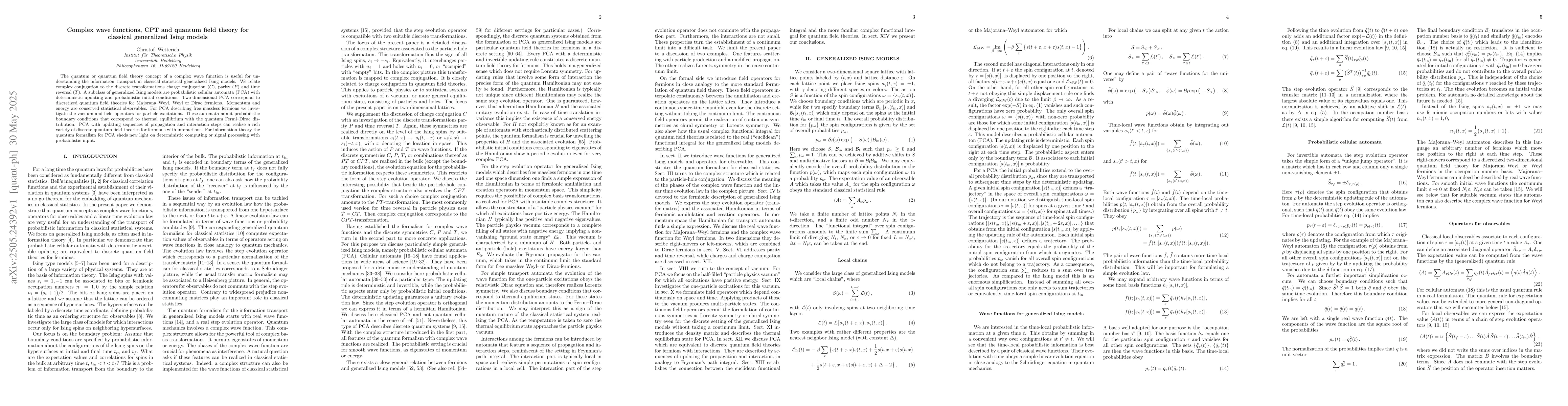 Thumbnail for Complex wave functions, CPT and quantum field theory for classical
  generalized Ising models