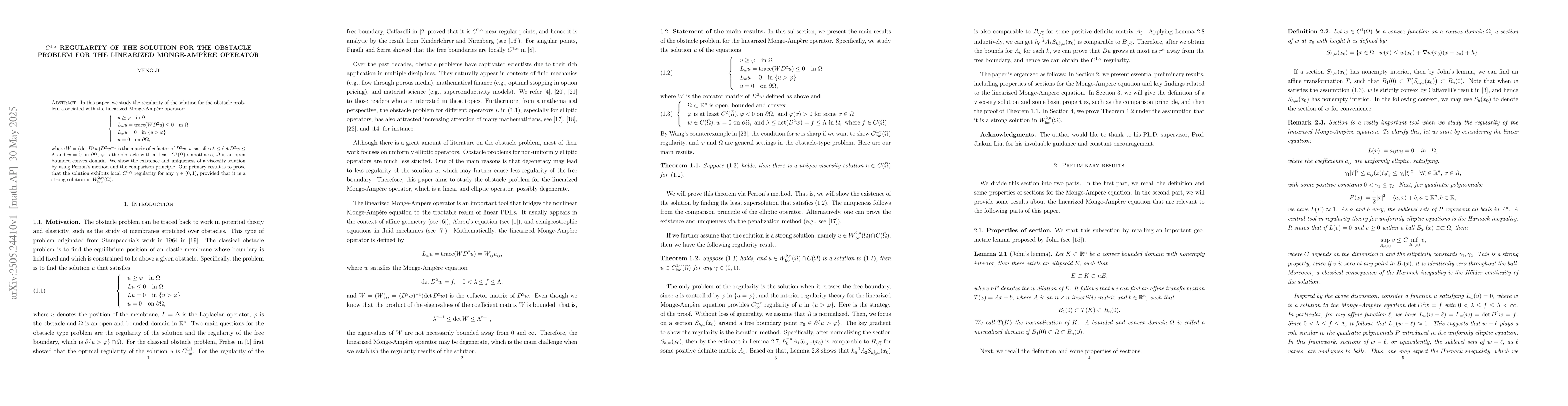 Thumbnail for $C^{1,α}$ regularity of the solution for the obstacle problem for
  the linearized Monge-Ampère operator