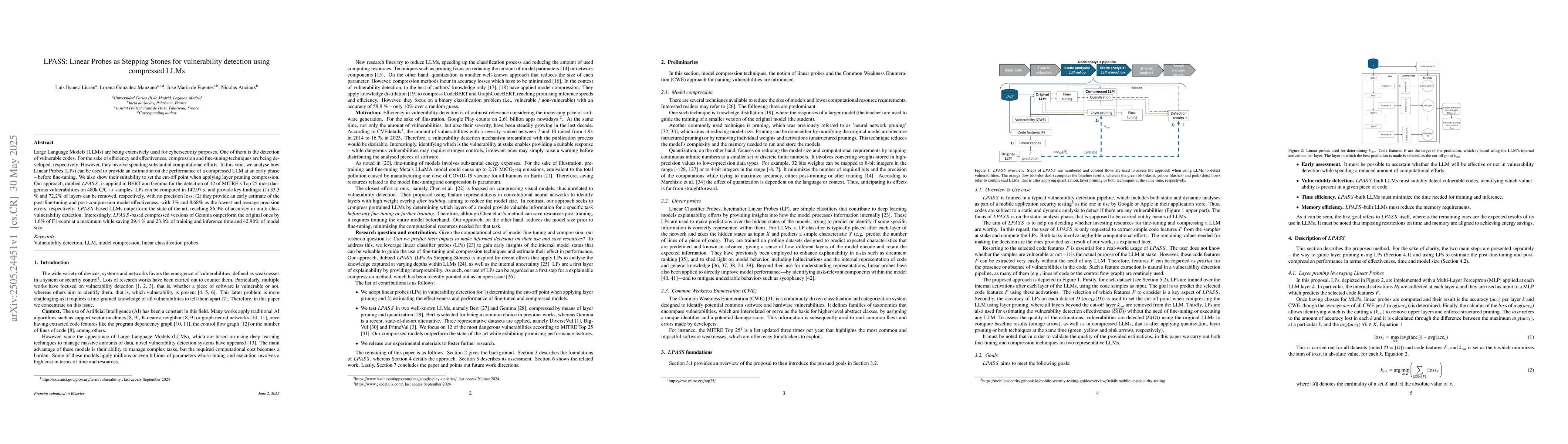 Thumbnail for LPASS: Linear Probes as Stepping Stones for vulnerability detection
  using compressed LLMs