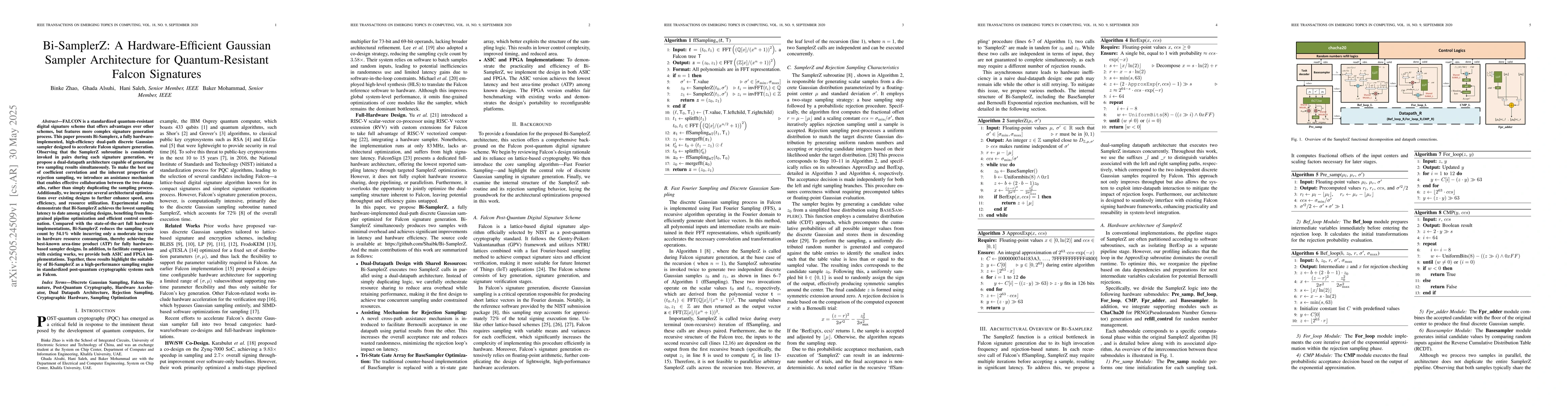 Thumbnail for Bi-SamplerZ: A Hardware-Efficient Gaussian Sampler Architecture for
  Quantum-Resistant Falcon Signatures