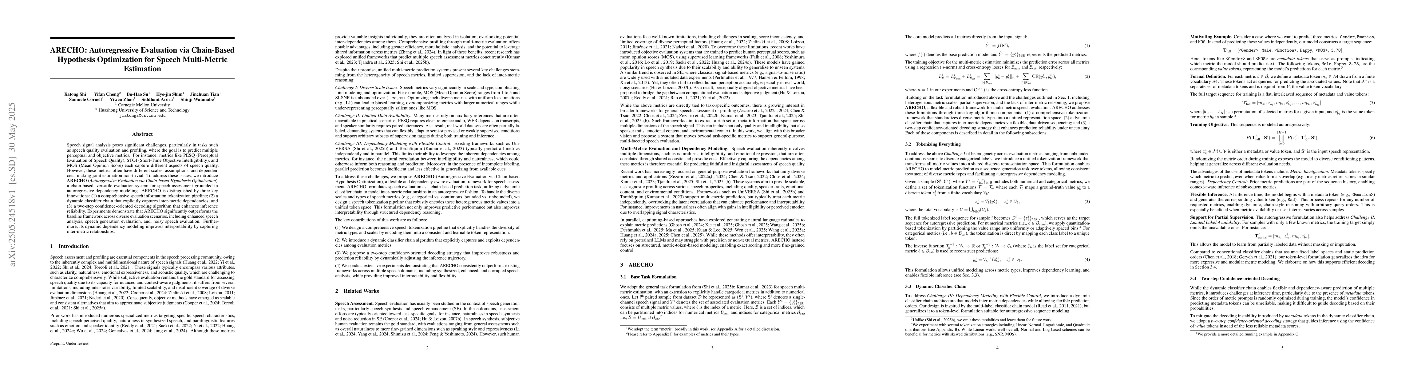 Thumbnail for ARECHO: Autoregressive Evaluation via Chain-Based Hypothesis
  Optimization for Speech Multi-Metric Estimation
