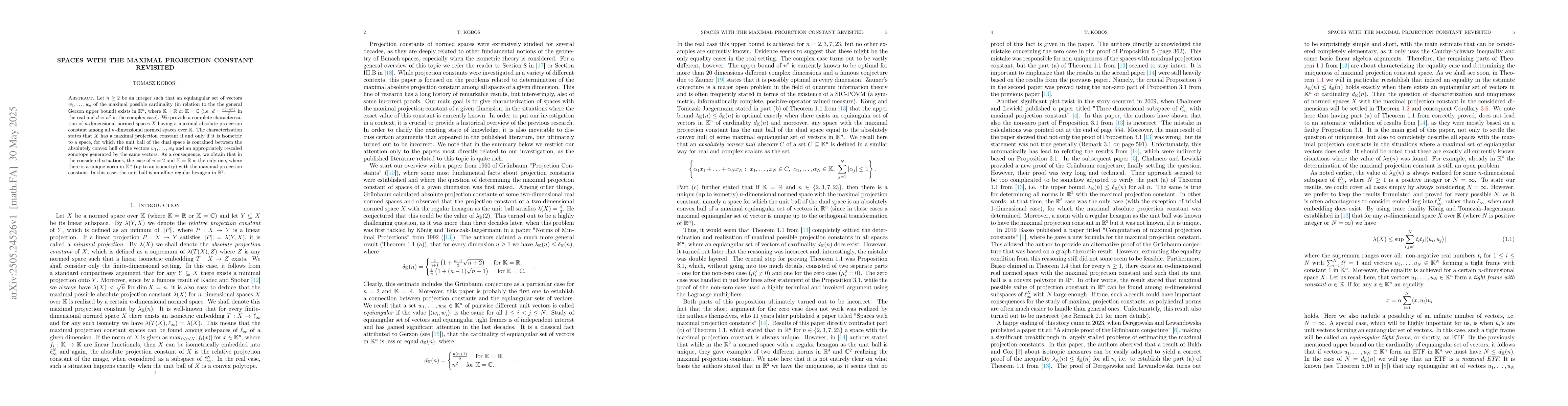 Thumbnail for Spaces with the maximal projection constant revisited