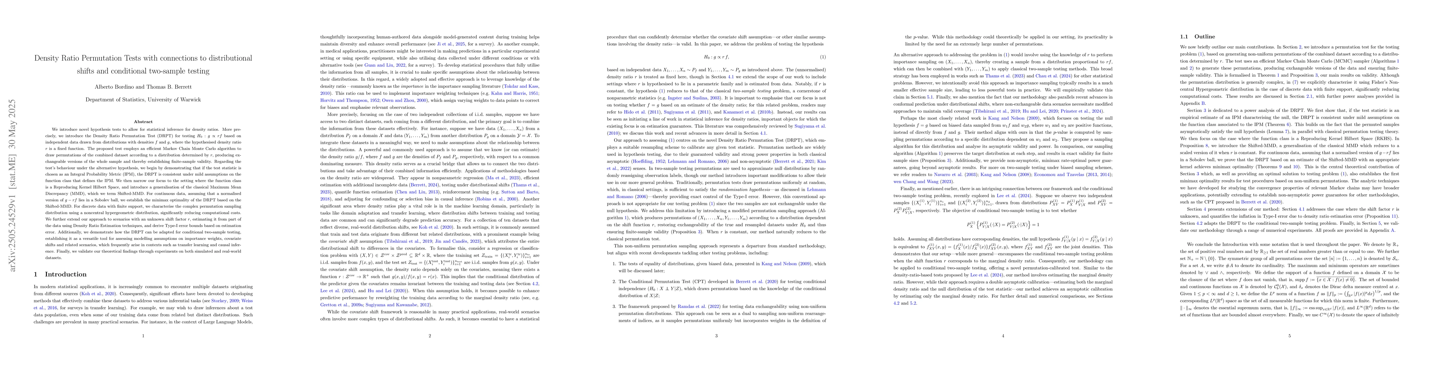 Thumbnail for Density Ratio Permutation Tests with connections to distributional
  shifts and conditional two-sample testing