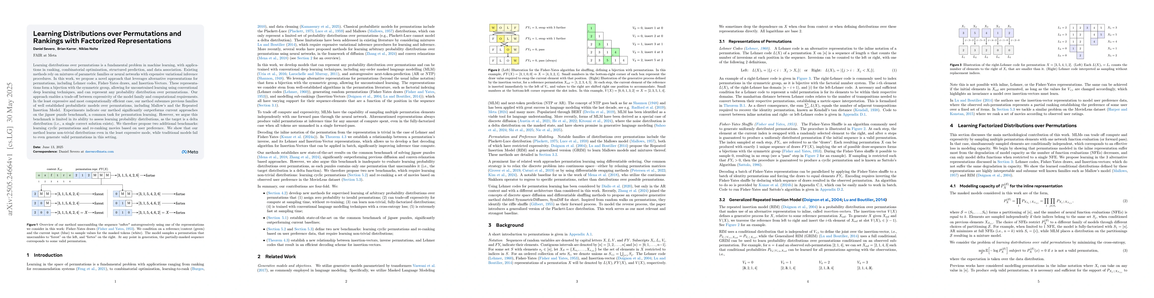 Thumbnail for Learning Distributions over Permutations and Rankings with Factorized
  Representations