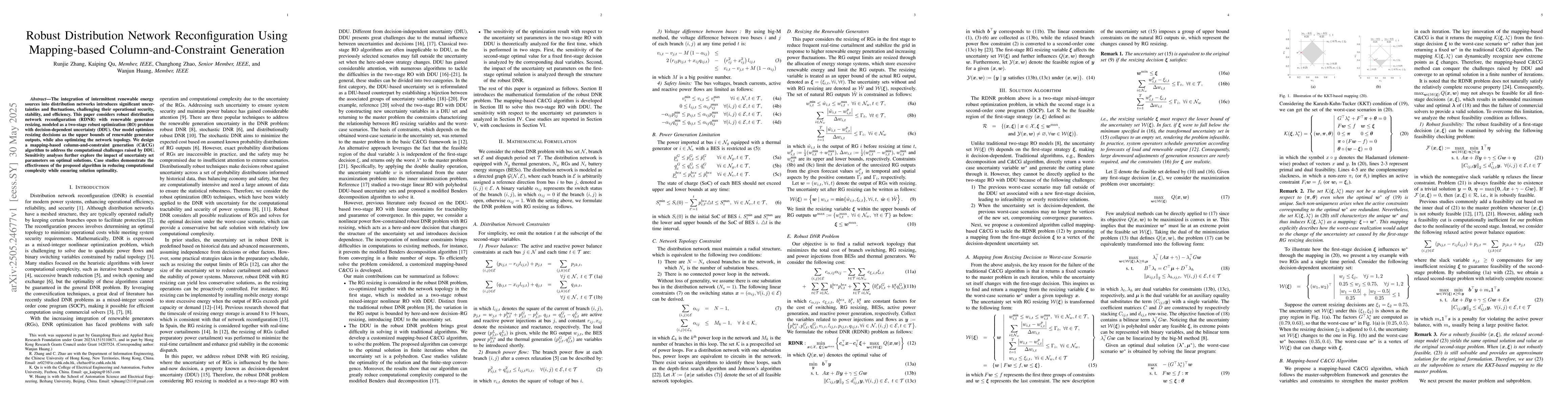 Thumbnail for Robust Distribution Network Reconfiguration Using Mapping-based
  Column-and-Constraint Generation